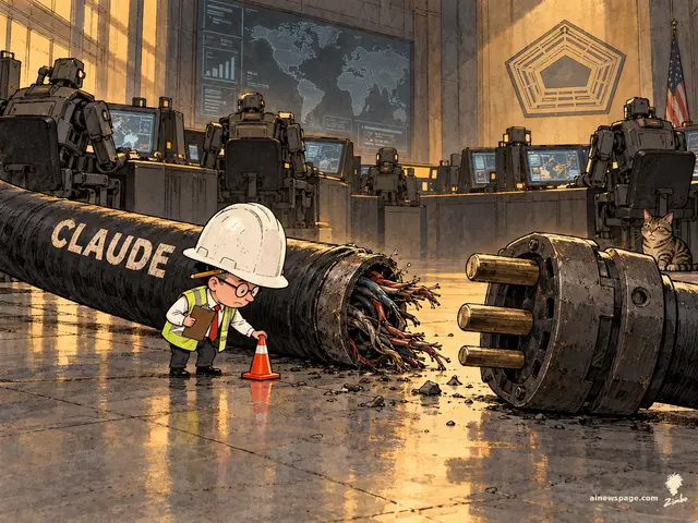 Satirical cartoon: a tiny safety inspector in an oversized white hard hat places a traffic cone beside a giant severed cable labeled CLAUDE on a Pentagon war-room floor, while robot staff and a tabby cat watch.