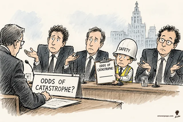 Satirical cartoon: a questioner holds a placard reading ODDS OF CATASTROPHE? while three suited AI executives shrug, and a tiny hard-hatted SAFETY Guy gravely presents a clipboard reading ODDS OF CATASTROPHE: with the line left blank.