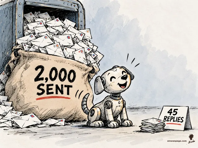 Satirical cartoon: Buddy the robot dog grins beside a giant mail sack labeled '2,000 SENT' overflowing with letters, while a tiny '45 REPLIES' tent sign leans against a small pile of replies.