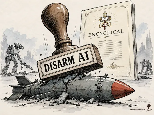 A giant rubber stamp marked DISARM AI crushes a war missile; behind it towers a document labeled ENCYCLICAL bearing a papal-keys emblem, while war robots in the background lay down their weapons. No person depicted.