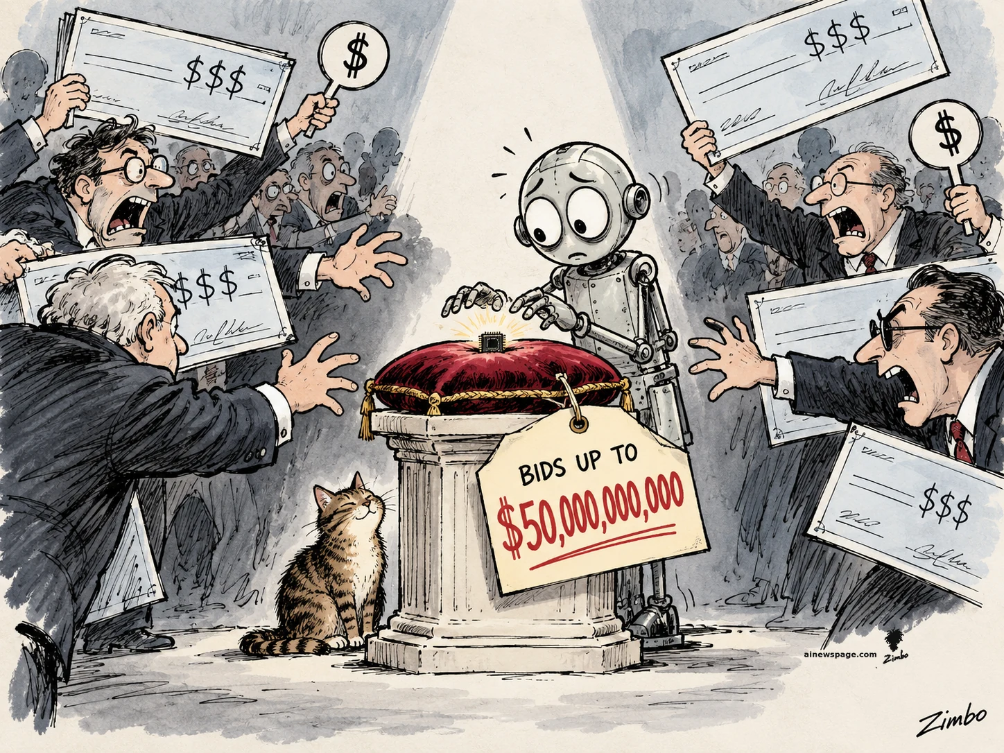 Satirical cartoon: a worried retro robot presents a tiny glowing microchip on a red velvet cushion atop a pedestal tagged 'BIDS UP TO $50,000,000,000', while suited investors shove forward waving '$$$' checks and '$' auction paddles; a tabby cat sits silently at the pedestal's base.