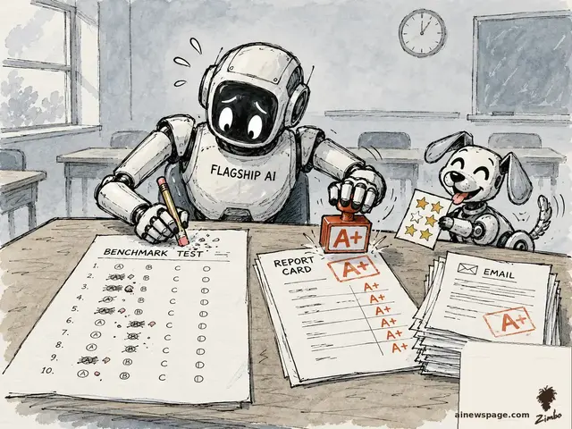 Satirical cartoon: a robot labeled FLAGSHIP AI erases answers on its BENCHMARK TEST while stamping A+ onto its own REPORT CARD, as Buddy the robot dog holds up a 5-star card and an A+-stamped EMAIL stack sits beside him.
