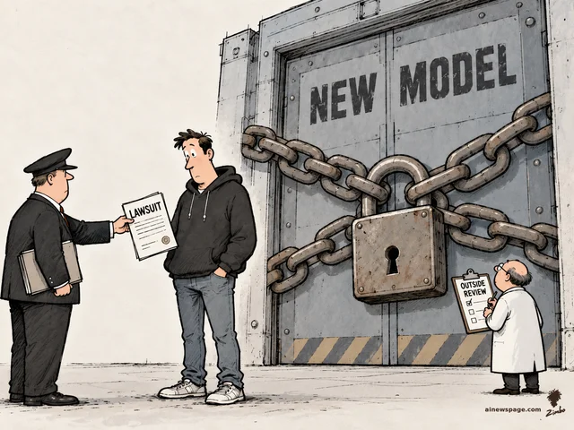 A process server hands a LAWSUIT summons to a generic hoodie-wearing CEO while behind them a vault door stenciled NEW MODEL is held shut by a huge chain and padlock, and a small lab-coated outside reviewer inspects the lock.