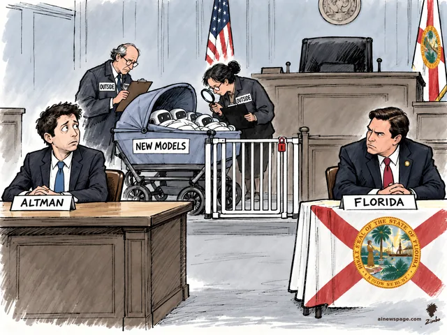 Satirical cartoon: in a courtroom, defendant ALTMAN faces plaintiff FLORIDA (state seal, Florida flag) while two OUTSIDE auditors with magnifying glasses inspect robot babies in a pram labeled NEW MODELS, held behind a locked baby gate.