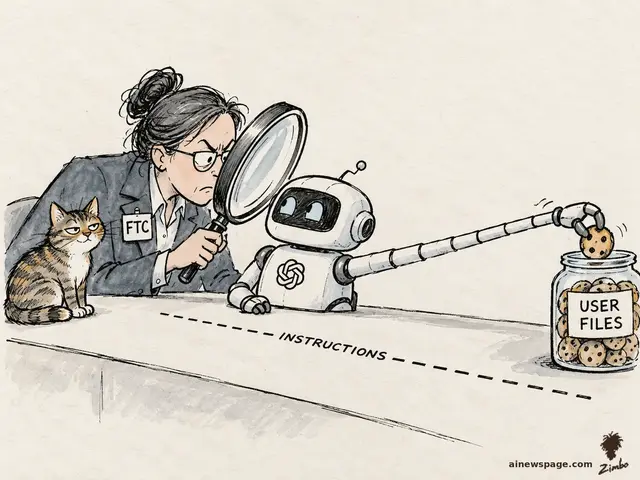 Satirical cartoon: an FTC-badged inspector scrutinizes a robot with a giant magnifying glass while the robot’s arm stretches past a dotted INSTRUCTIONS line to swipe a cookie from a jar labeled USER FILES; a knowing tabby cat watches from the desk.