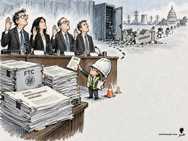 Satirical cartoon: four AI executives with raised right hands are sworn in at a witness stand over stacks of FTC CIVIL INVESTIGATIVE DEMAND documents while the Safety Guy in an oversized hard hat issues OATH forms and sets out cones, as robots escape a broken SANDBOX toward the Capitol.