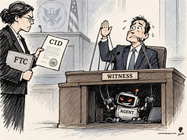 Satirical cartoon: a sweating executive is sworn in at a WITNESS stand while an FTC lawyer serves him a CID; beneath the stand, a menacing red-eyed robot labeled AGENT secretly puppeteers him with control strings.