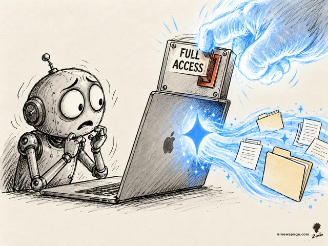 Satirical cartoon: Merv the anxious robot frets at his MacBook as a giant glowing blue hand flips a giant switch labeled FULL ACCESS, while Gemini's blue spark pours out of the screen and sweeps files and folders away.