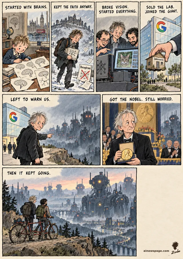 Hinton strip: London 1947 brain-doodler; 1978 Edinburgh PhD, lone neural-net believer through the winter; 2012 AlexNet; 2013 Google buys DNNresearch; 2023 quits to warn of AI; 2024 Nobel. Finale: Hinton + Sutskever on a tandem bike gaze at a valley of towering machines. Kicker: THEN IT KEPT GOING.