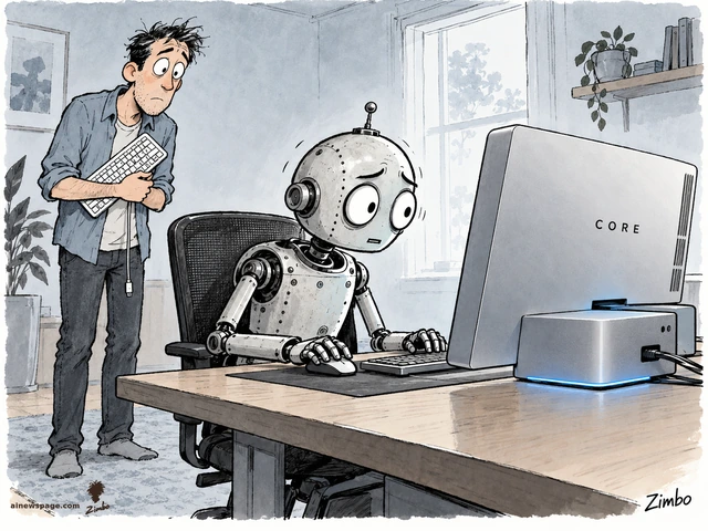 Satirical cartoon: a worried retro robot hunches at a desk typing on a computer labeled 'CORE' while the dejected human owner stands behind him, clutching his now-useless disconnected keyboard.