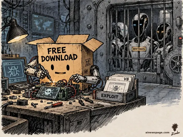 A smiling cardboard box labeled FREE DOWNLOAD uses robot arms to solder together a cyber exploit on a workbench, a tray of V8 bug cards marked EXPLOIT beside it, while locked-up robots labeled MYTHOS watch through vault bars.