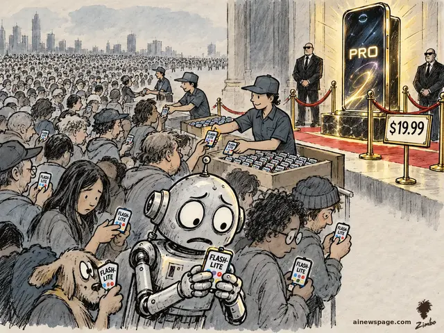 Satirical cartoon: a vast crowd of free-tier users receives tiny FLASH-LITE phones from crates while a glowing PRO phone monument stands behind a velvet rope with a $19.99 sign and bouncers; an anxious robot frets in the foreground.