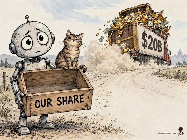 Satirical cartoon: a worried small robot (Merv) holds up an empty wooden crate marked 'OUR SHARE' while a tabby cat sits on it; a giant truck labeled '$20B' drives away hauling an overflowing treasure chest of gold and cash.