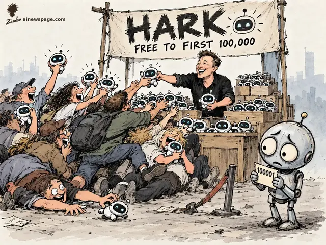 Satirical cartoon: a grinning founder behind a HARK FREE TO FIRST 100,000 booth hands small robot units to a stampeding crowd of early users, while Merv the anxious retro robot stands apart holding a ticket reading 100001.