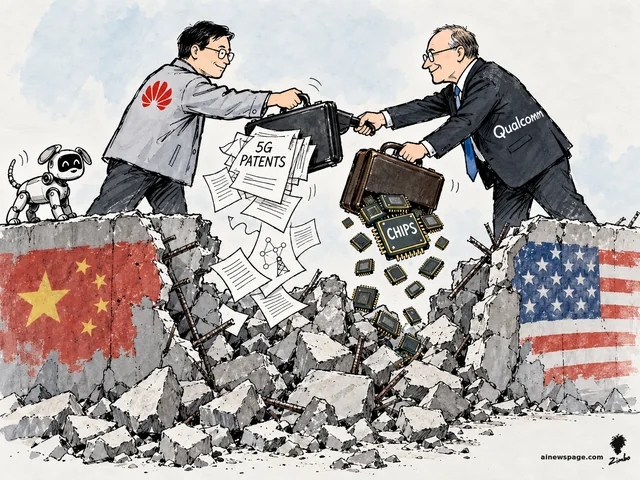 A Huawei engineer and a Qualcomm exec swap briefcases over the rubble of a broken sanctions wall — one briefcase spills 5G PATENTS papers, the other spills CHIPS; a small robot dog watches.