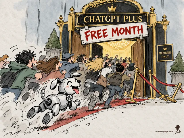 Satirical cartoon: a crude red FREE MONTH banner is taped over a golden CHATGPT PLUS members-only door while a joyous crowd stampedes through, led by Buddy the robot dog.