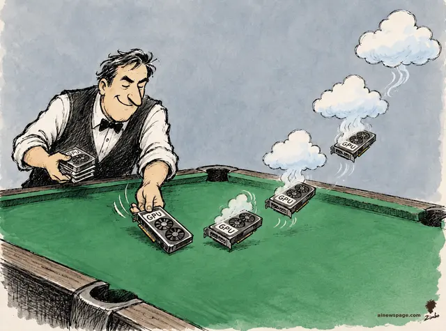 A pool hustler deals graphics cards labeled GPU across a green pool table; each dealt card lifts into the air and puffs into a fluffy white cloud.
