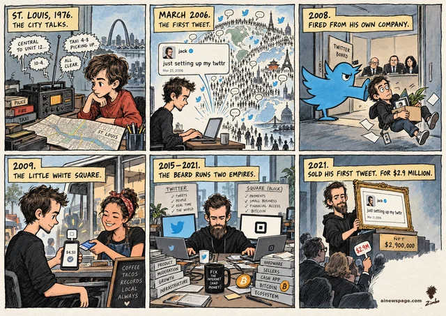 Dorsey life strip: 1976 St. Louis kid with dispatch radios; 2006 'just setting up my twttr'; 2008 the angry blue bird kicks him out of Twitter; 2009 Square card reader; 2015-2021 the bearded CEO runs Twitter and Square/Block; 2021 finale: he auctions his first tweet as an NFT for $2.9M.