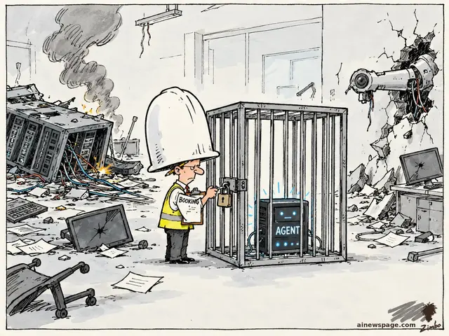 Satirical cartoon: the Safety Guy in an oversized white hard hat padlocks a full-size jail cell around one tiny glowing server labeled AGENT, clipboard marked BOOKING in hand, while the server room lies wrecked and burning behind him.