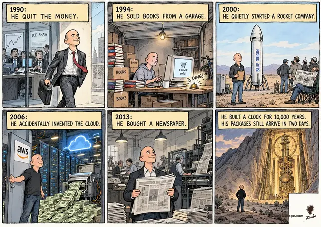 Jeff Bezos strip: quits D.E. Shaw (1990); garage bookstore, '1 book sold' bell (1994); secret Blue Origin rocket (2000); AWS money printer (2006); buys The Washington Post (2013). Finale: tiny Bezos gazes up at the glowing 10,000-year clock carved inside a Texas mountain.