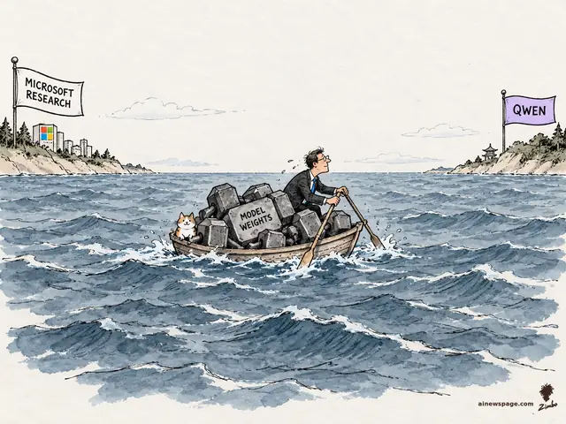 A suited executive rows a tiny wooden boat heaped with blocks labeled MODEL WEIGHTS across a wide ocean, from a shore flying a MICROSOFT RESEARCH flag to a shore flying a purple QWEN flag; a small cat rides in the bow.