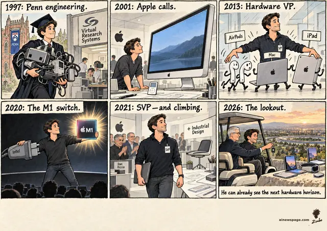 Six-panel strip: John Ternus graduates Penn in 1997 with a VR headset; joins Apple in 2001 for Cinema Display; 2013 hardware VP juggling AirPods, Mac, iPad; leads the 2020 Intel-to-M1 switch; 2021 SVP replacing Dan Riccio; finale: Tim Cook hands him the keys in a golf cart overlooking Apple Park.