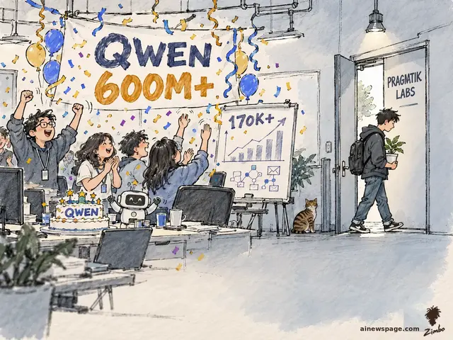 Office party celebrating 'QWEN 600M+' with cake and confetti; a young man with a backpack and desk plant quietly exits through a door marked PRAGMATIK LABS while a tabby cat watches knowingly.