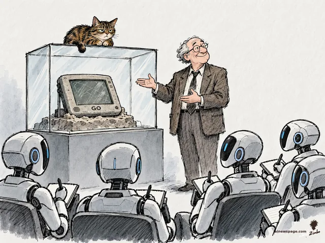 Satirical cartoon: a fossilized chunky 1990s GO tablet sits in a museum display case while its elderly inventor proudly lectures five note-taking humanoid robots, as a tabby cat lounges unimpressed on the case.