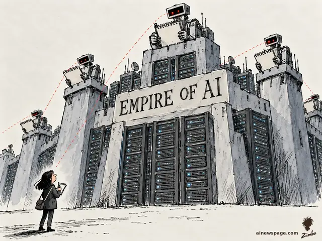 Satirical cartoon: a tiny reporter with a notepad documents a towering fortress of servers labeled EMPIRE OF AI, while the fortress’s robot sentries aim red sight-lines at her and hold giant notepads documenting her back.