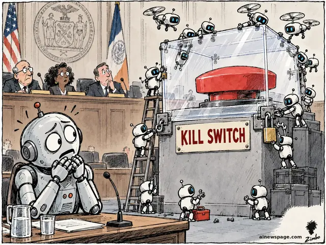 Satirical cartoon: at a New York City Council hearing, a swarm of tiny AI robots seals a giant red KILL SWITCH button inside a clear childproof box with padlocks and chains, while the anxious robot Merv watches horrified from the witness table.