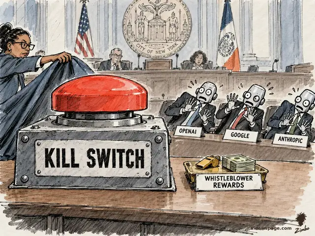 Satirical cartoon: a council member unveils a comically oversized red KILL SWITCH on a hearing table while three flinching robot executives with OPENAI, GOOGLE and ANTHROPIC name cards recoil, beside a WHISTLEBLOWER REWARDS tray of cash and a whistle.