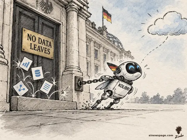 Satirical cartoon: a small German-flag-wearing AI robot labeled KOLIBRI strains against a short chain fastened to a government building, reaching for a cloud while data packets bounce off a door plaque reading NO DATA LEAVES.