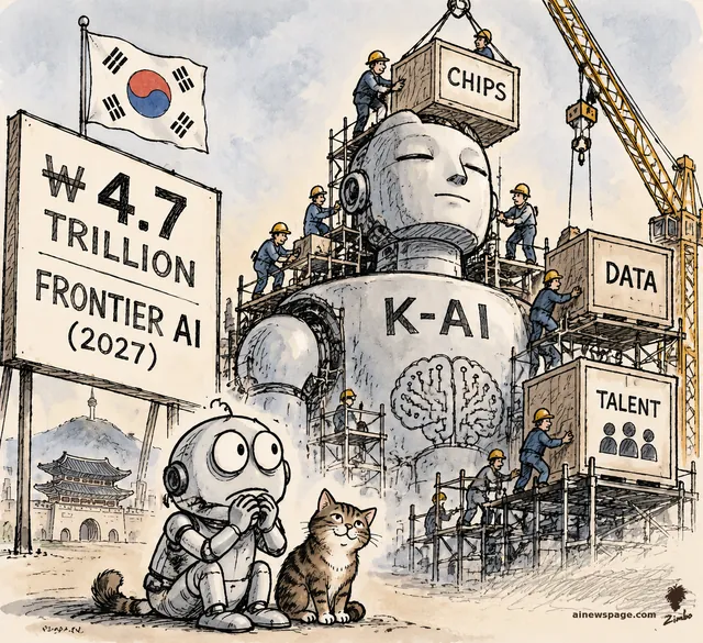 Satirical cartoon: workers assemble a giant K-AI robot monument while hoisting crates labeled CHIPS, DATA and TALENT; a billboard reads ₩4.7 TRILLION FRONTIER AI (2027); Merv the anxious robot and Issue the tabby cat watch in the foreground.