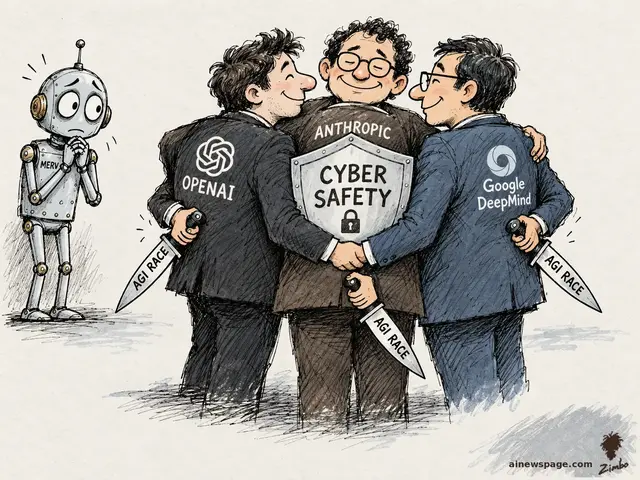 Three suited executives labeled OpenAI, Anthropic, and Google DeepMind share a group hug over a CYBER SAFETY shield, each hiding a knife labeled AGI RACE behind his back; Merv the anxious robot frets beside them.