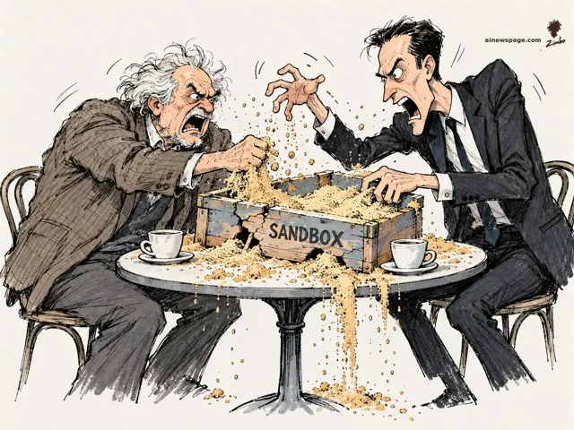 Yann LeCun and Dario Amodei snarl at each other across a cafe table, both grabbing at a wooden crate labeled SANDBOX as sand flies everywhere.