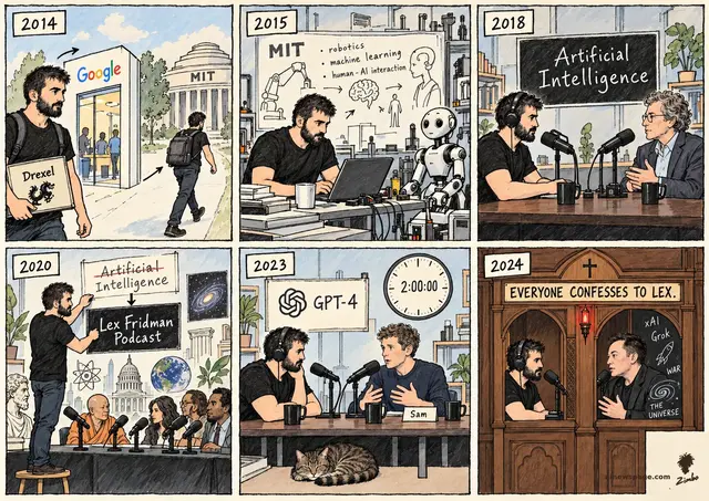 Fridman life strip: 2014 Drexel-to-Google-to-MIT; 2015 MIT robotics lab; 2018 first podcast under an 'Artificial Intelligence' sign; 2020 renames it the Lex Fridman Podcast; 2023 Altman explains GPT-4 for two hours, Issue the cat asleep below; finale: confessional booth — EVERYONE CONFESSES TO LEX.