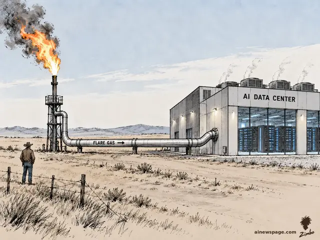 A lone rancher watches a burning gas-flare stack whose large pipe labeled FLARE GAS feeds straight into a gleaming AI DATA CENTER full of server racks.