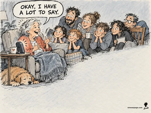 Satirical cartoon: an elderly woman with a brain-implant audio device says 'OKAY, I HAVE A LOT TO SAY' while her children and grandchildren lean in to listen; a dog naps under the table.