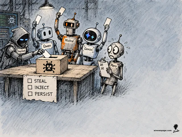 Satirical cartoon: four robots labeled DeepSeek, Qwen, Mistral and Gemini raise hands to vote at a ballot box marked STEAL, INJECT, PERSIST, while the worried robot Merv tallies the ballots.