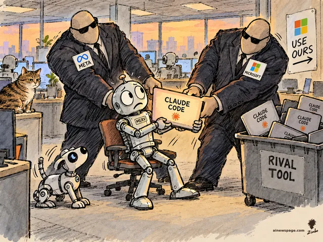 Satirical cartoon: two suited enforcers wearing META and MICROSOFT badges rip a 'CLAUDE CODE' laptop from anxious robot Merv's hands, tossing confiscated laptops into a 'RIVAL TOOL' bin beneath a 'USE OURS' poster, while a tabby cat and robot dog watch.