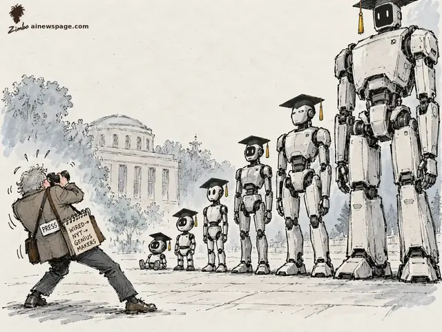 Satirical cartoon: a graying press photographer with a PRESS badge and a WIRED to NYT to GENIUS MAKERS notebook bag photographs a lineup of six robots in graduation caps growing from toddler-sized to towering.
