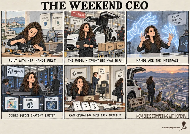 Six-panel strip: Mira Murati — Vlorë engineer, Tesla Model X, Leap Motion, OpenAI 2018 (DALL·E, ChatGPT, GPT-4), CTO 2022, interim CEO three days — finale THE LOOKOUT: Murati + Issue the cat in a beat-up Model X over ONE GIGAWATT data centers. Kicker: NOW SHE'S COMPETING WITH OPENAI.
