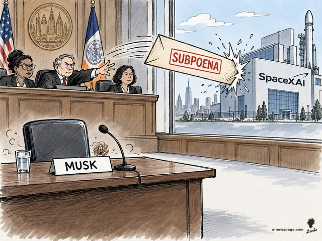 Satirical cartoon: council members at a hearing dais hurl a giant SUBPOENA paper airplane out the window into the SpaceXAI building with rocket towers, while Musk’s empty witness chair (MUSK placard, glass of water) sits vacant.
