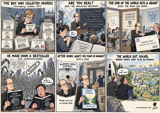 Bostrom life strip: 1973 the degree-collecting teen; 2003 the Simulation Argument; 2005 Oxford's Future of Humanity Institute opens; 2014 Superintelligence makes doom a bestseller; 2019-24 the doom lab closes, Deep Utopia lands; finale: Bostrom + Musk in a rocket gaze at the solved world.