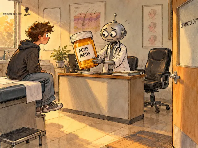 Satirical cartoon: a worried retro robot in a white coat and stethoscope hands a giant 'ACNE MEDS' pill bottle to a teen patient in a dermatology exam room, while the human doctor's chair sits empty.