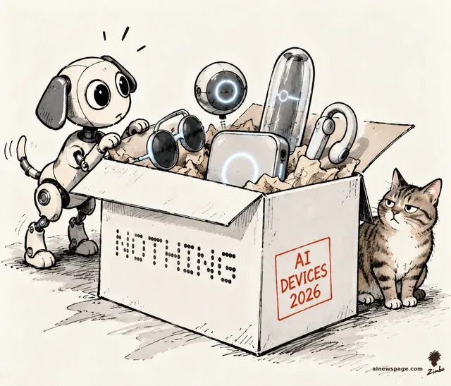 Satirical cartoon: Buddy the robot dog gleefully unboxes a Nothing-branded box overflowing with mystery AI devices — glasses, a camera orb, a capsule gadget, an earpiece — while Issue the tabby cat sits unimpressed beside it.
