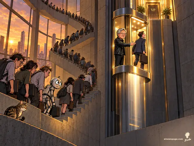 Satirical cartoon: a leather-jacketed CEO lookalike waves a suited young man into a golden express elevator labeled VP while a long queue of workers — including a worried robot with a briefcase and a tabby cat — trudges up an endless staircase.