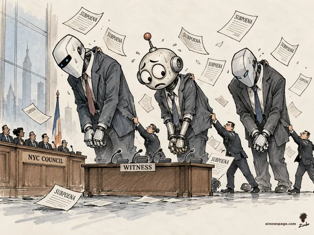 Three giant robots in business suits are dragged by tiny council aides to a witness table under an NYC COUNCIL dais while subpoena papers rain down.