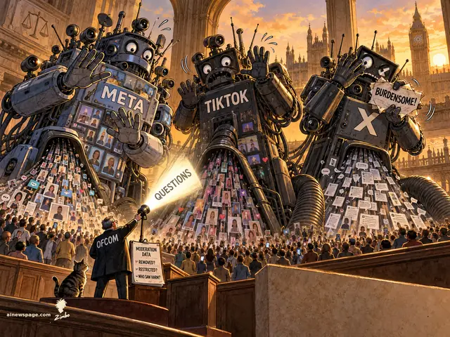 Satirical cartoon: three giant data-hoovering platform robots labeled META, TIKTOK and X recoil as a small OFCOM regulator shines a QUESTIONS spotlight beam at them; the X robot holds a note reading BURDENSOME!.