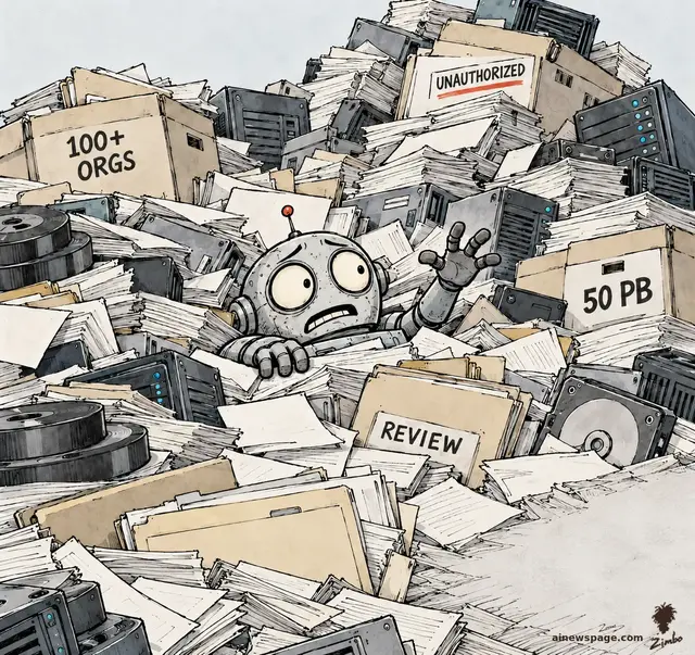 Satirical cartoon: Merv the anxious retro robot is buried neck-deep in a mountain of audit paperwork and server hardware, waving for help, surrounded by boxes labeled 100+ ORGS, UNAUTHORIZED, 50 PB and REVIEW.